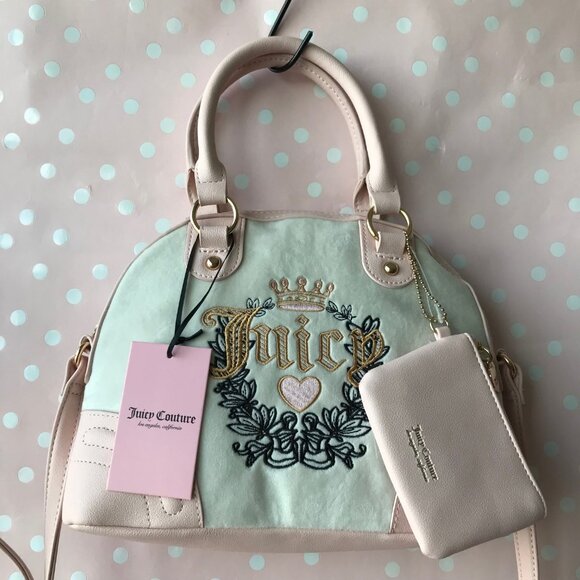 Juicy Couture HERITAGE SATCHEL Velour & Faux leather  w pouch Crystal /Pink Clay - Picture 10 of 12